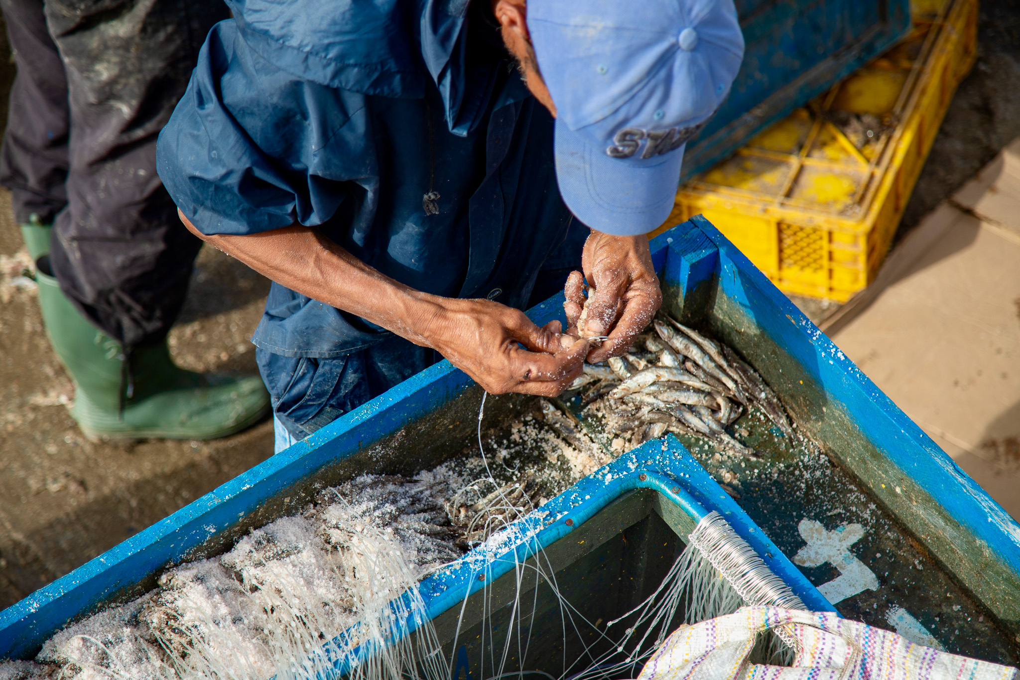 A fisherman baits nets in Essaouira, Morocco
