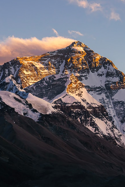 Snow-covered peak of Mount Everest at sunset